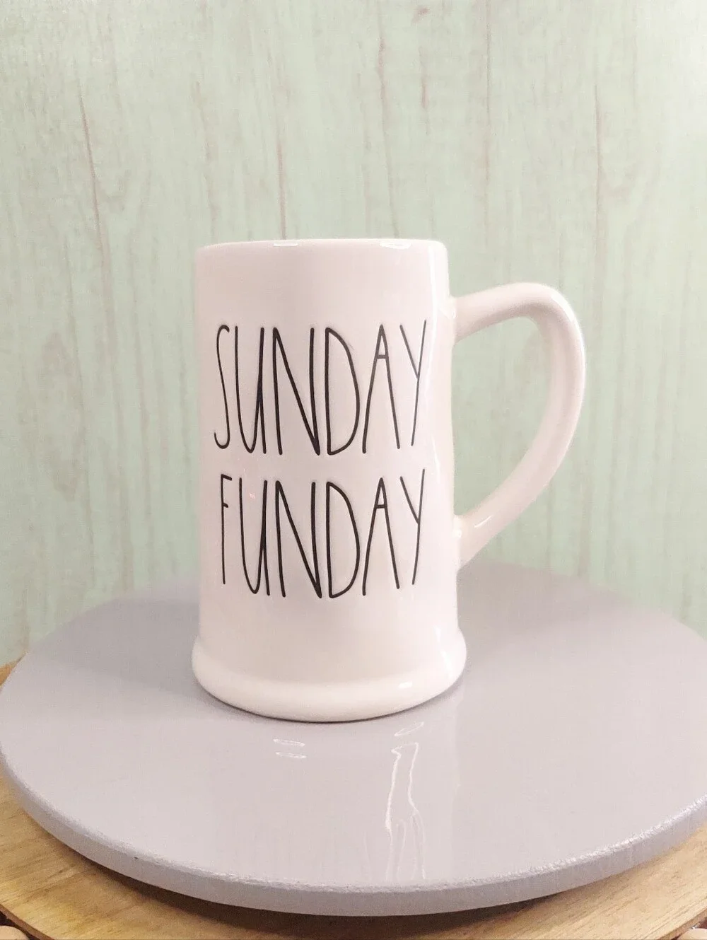 Rae Dunn - SUNDAY FUN DAY - white ceramic Stein/Mug